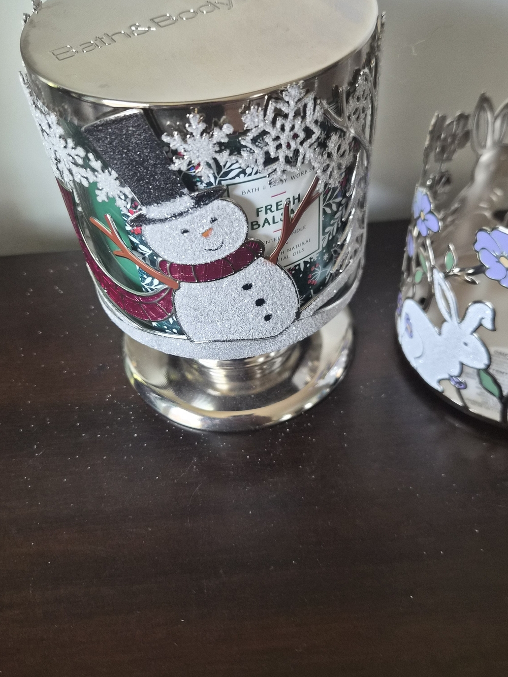 3 Peice Set, Bath & Body Works 3-Wick Candle with Snowman & Bunny Candle Holder - Picture 5 of 15